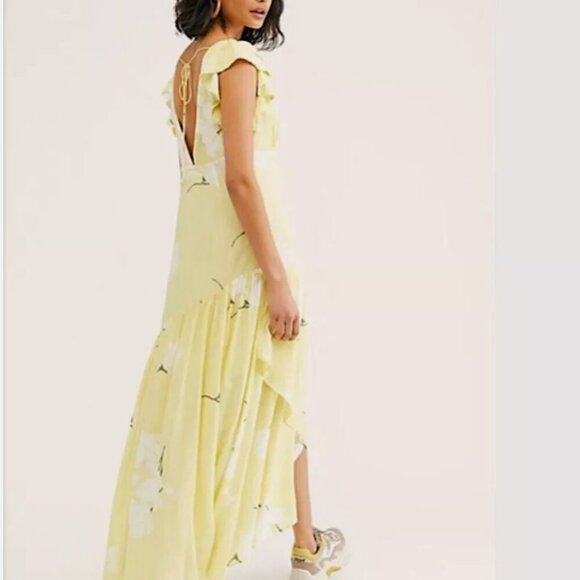Free People She's A Waterfall Floral Ruffle Asymetric Hem Maxi Dress Yellow Sz 2 - Picture 5 of 11